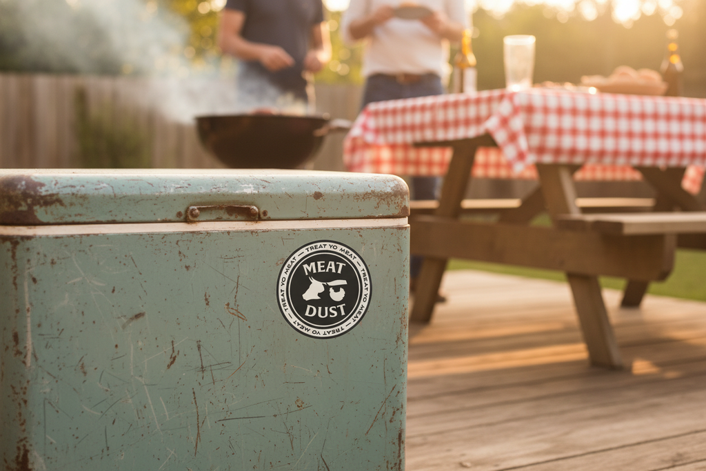 Meat Dust Circle Sticker on Vintage Cooler