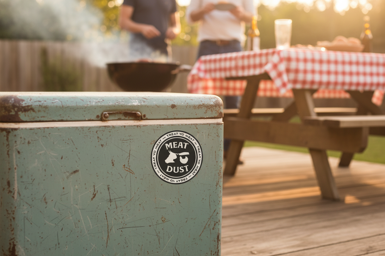Meat Dust Circle Sticker on Vintage Cooler