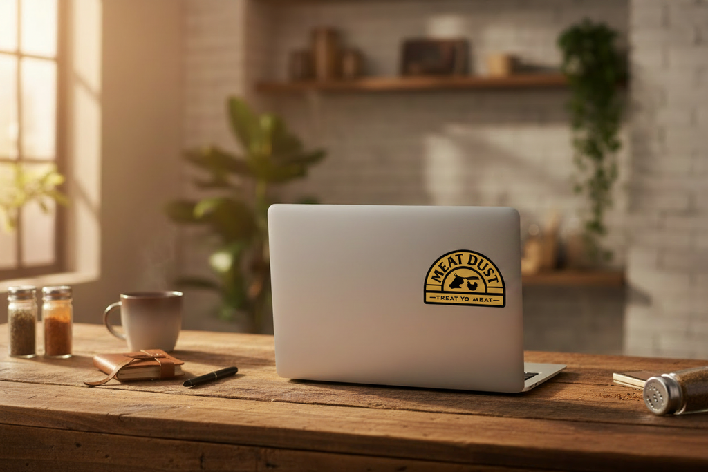 Meat Dust Yellow Sticker on Laptop - No Steak Sticker